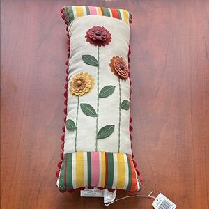 THT Designs Colorful Floral Appliqué Lumbar Pillow with Stripes 18x6.5” NWT